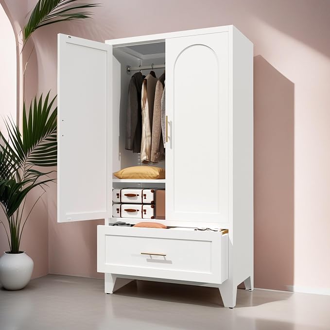 60" Tall Metal Wardrobe Cabinet with 1 Drawer and Hanging Rod, 2 Doors Wardrobe Closet with Shelf for Bedroom, Office, Laundry Room,Entryway,Foyer,Guesthouse White