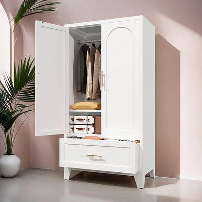 60" Tall Metal Wardrobe Cabinet with 1 Drawer and Hanging Rod, 2 Doors Wardrobe Closet with Shelf for Bedroom, Office, Laundry Room,Entryway,Foyer,Guesthouse White