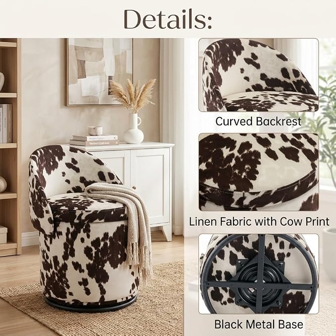 LukeAlon Linen Makeup Ottoman with Storage, Upholstered 360° Swivel Vanity Stool with Foldable Backrest Modern Cylindrical Footrest Stool for Living Room Bedroom, Cow Print