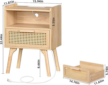 Lerliuo Rattan Nightstands Set of 2 with Charging Station, Boho Night Stand with Handmade Natural Rattan Drawer and Open Shelf, Side End Tables with Solid Wood Legs for Bedroom, Dorm, Small Spaces