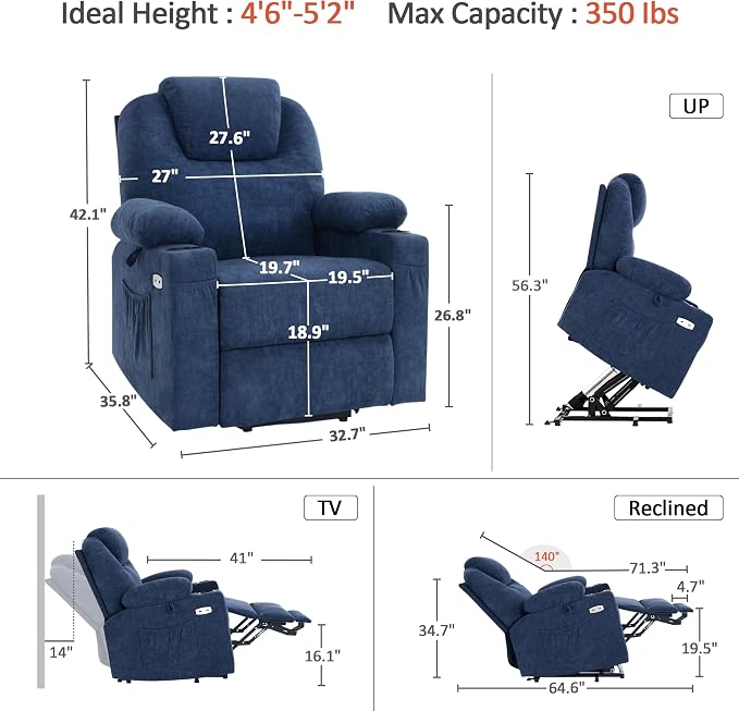 MCombo Small Power Lift Recliner Chair for Elderly, Petite Power Lift Chair with Heat and Massage for Seniors, Cup Holders, USB & Type C Ports, Fabric 7141 (Admiral)