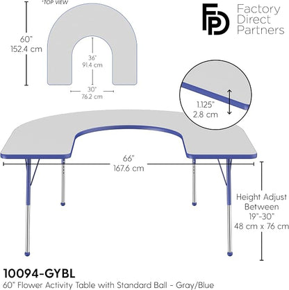 FDP Horseshoe Activity School and Office Table (60 x 66 inch), Standard Legs with Ball Glides for Collaborative Seating Environments, Adjustable Height 19-30 inches - Gray Top and Blue Edge