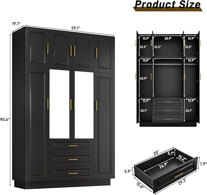 Hlivelood Large Armoire Wardrobe Closet Cabinet with Drawers and LED Lights, Multi-Tier Shelves, Hanging Rod, Large Capacity Storage 4 Door Wardrobe Armoire with Top Cabinet for Bedroom, Black
