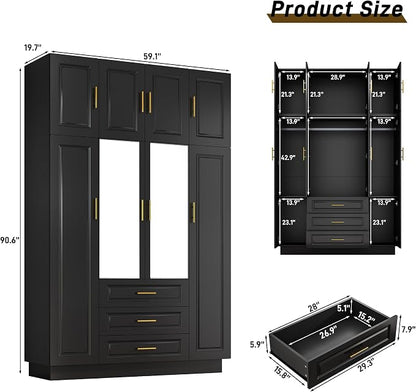 Hlivelood Large Armoire Wardrobe Closet Cabinet with Drawers and LED Lights, Multi-Tier Shelves, Hanging Rod, Large Capacity Storage 4 Door Wardrobe Armoire with Top Cabinet for Bedroom, Black