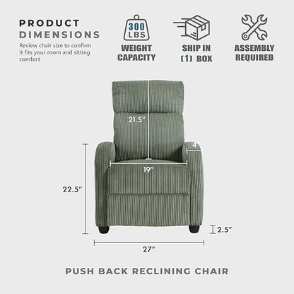 Lexicon Corduroy Pushback Recliner Chair Armchair Push Back Recliner, Solid Wood Frame and Metal Seat Base, Soft Single Sofa Accent Chair for Living Room/Office/Apartment, Easy Assembly, Green