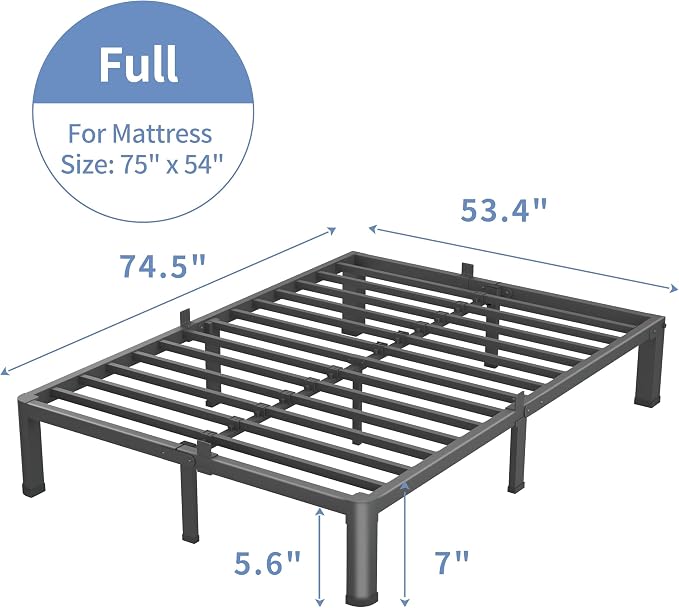 VIPSHOW 7 Inch Full Size Bed Frame, 3500Lbs Heavy Duty Metal Platform with Round Corner Legs Mattress Slide Stopper, Steel Slat Support No Box Spring Needed, Noise Free, Non-Slip, Easy Assembly