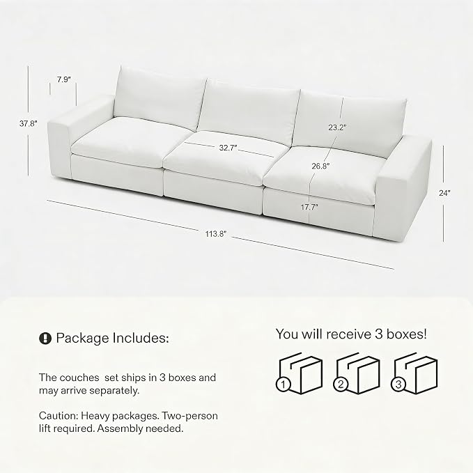 Modular Cloud Sofa, 113.8" Cloud Sectional Couches with Deep Seat, 3-Seat Couch for Living Room, Modern Comfy Couch with Washable Cover, Wide Armrest (White)