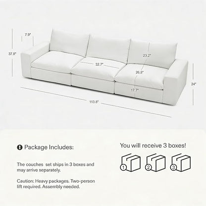 Modular Cloud Sofa, 113.8" Cloud Sectional Couches with Deep Seat, 3-Seat Couch for Living Room, Modern Comfy Couch with Washable Cover, Wide Armrest (White)