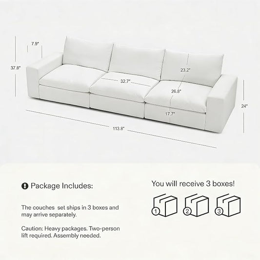Modular Cloud Sofa, 113.8" Cloud Sectional Couches with Deep Seat, 3-Seat Couch for Living Room, Modern Comfy Couch with Washable Cover, Wide Armrest (White)