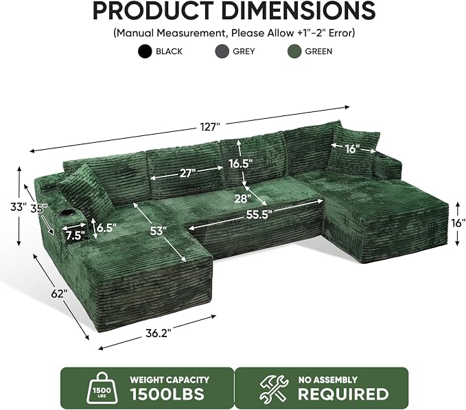 Boneless Couch, 127" Sofas for Living Room, U Shaped Couch with Chaise | Sectional Sofa, Cloud Couch Sectional with Cup Holders and Storage, Cloud Sofa with Deep Seat, Green, Corduroy, No Assembly