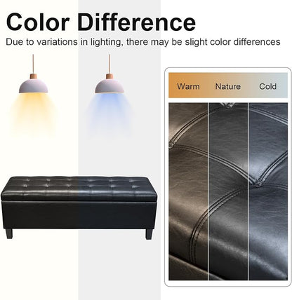 Asense 45" Storage Ottoman Bench,Faux Leather Upholstered Ottoman with Legs,Tufted Ottoman with Safety Hinge,Storage Bench for Bedroom,Living Room,Entryway,Black