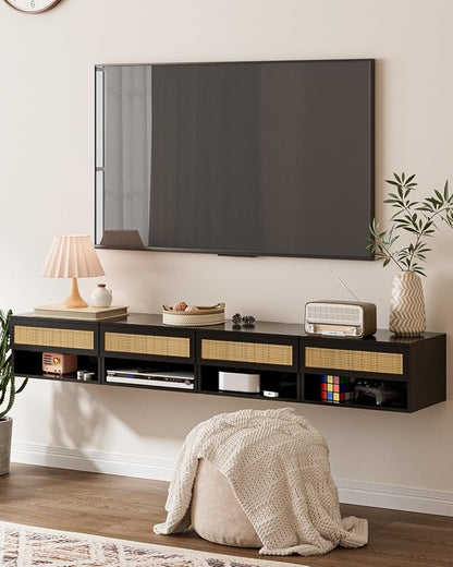 Floating Nightstand With Drawer - Small Modern Shelves for Bedroom, Bathroom (Black Rattan)