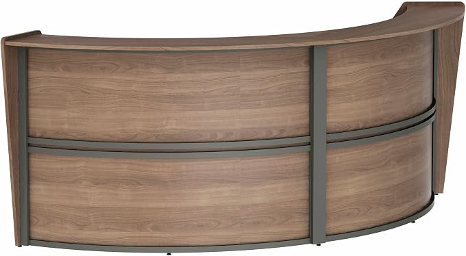 Linea Italia Curved Modern Office Desk Easy to Assembly 2 Panel Reception Counter for Lobby, Salon, 124" x 49", Walnut