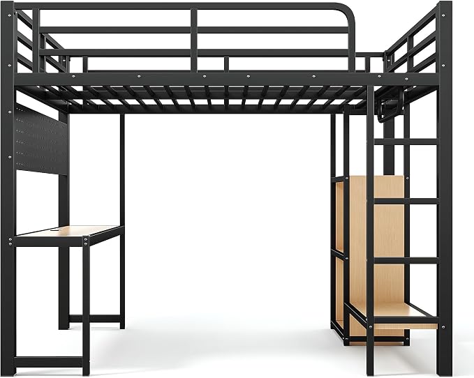 Bellemave Full Size Loft Bed with Desk,with USB Ports, Lights, and Hanging Rod, Cave Board Design, Metal Full Loft Bed Frame for Adults, Kids, Teens, Black