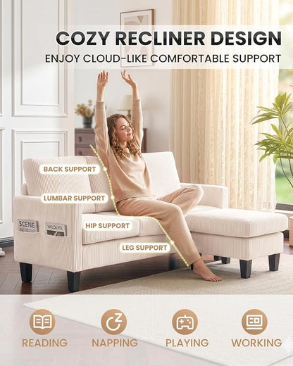 Karl home 67" Small Sectional Couch L Shaped Sofa, Beige | Movable Storage Ottoman, Corduroy Upholstered, Sofa Chaise, Side Pockets 5.9" Sofa Legs for Living Room, Apartment, Studio