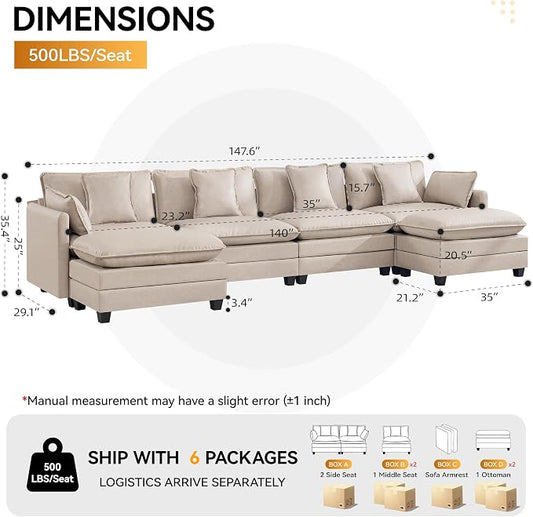 147'' Sectional Cloud Deep Seat Couch, Oversized Leather U Shaped Sectional Sofa for Living Room Set, Comfy Upholstered Modular Sectional Sofa Couch with Movable Ottoman, Leather Beige