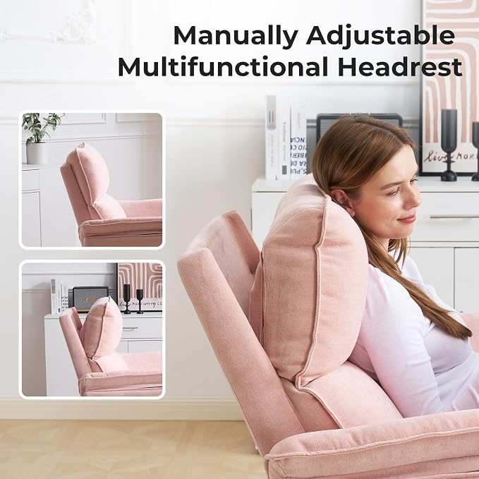 Rocking Chair Nursery with Adjustable Headrest,Manual Swivel Rocker Recliner Nursery Chair with Overstuffed Armrest,Glider Rocker Recliner for Living Room & Bedroom,Pink