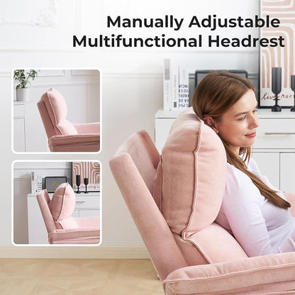 Rocking Chair Nursery with Adjustable Headrest,Manual Swivel Rocker Recliner Nursery Chair with Overstuffed Armrest,Glider Rocker Recliner for Living Room & Bedroom,Pink