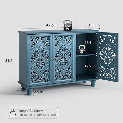 JOINICE 42.5" Accent Storage Cabinet with 3 Carved Doors,Mandala Blue | Versatile Storage for Living Room/Dining Room/Bedroom/TV Stand, Solid Wood Legs, Farmhouse/Rustic Style, Adjustable Shelf
