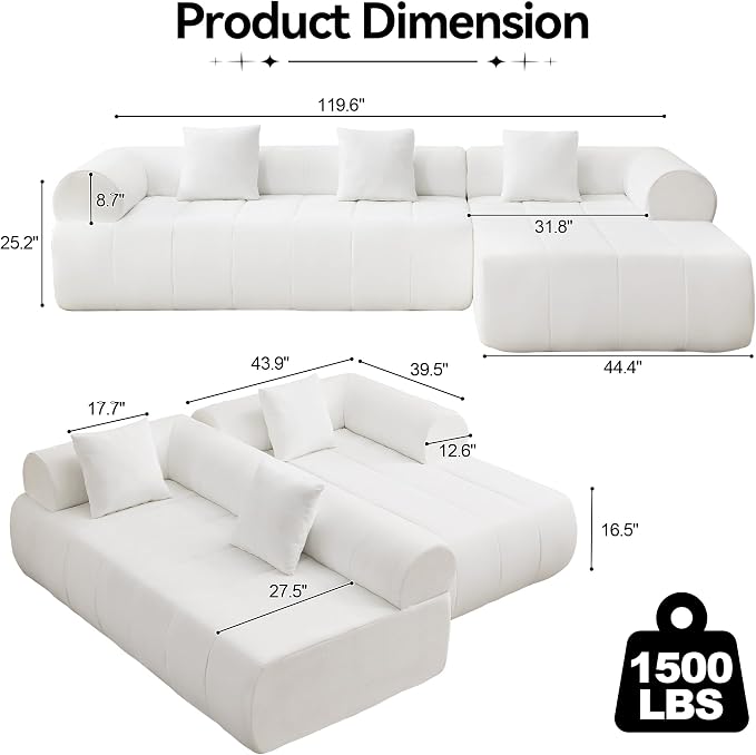 119'' Curved Boneless Sofa Couch, 3 Seat Cloud L Shaped Deep Seat Couches for Living Room, No Assembly Modular Sofa with Right Chaise Lounge, White