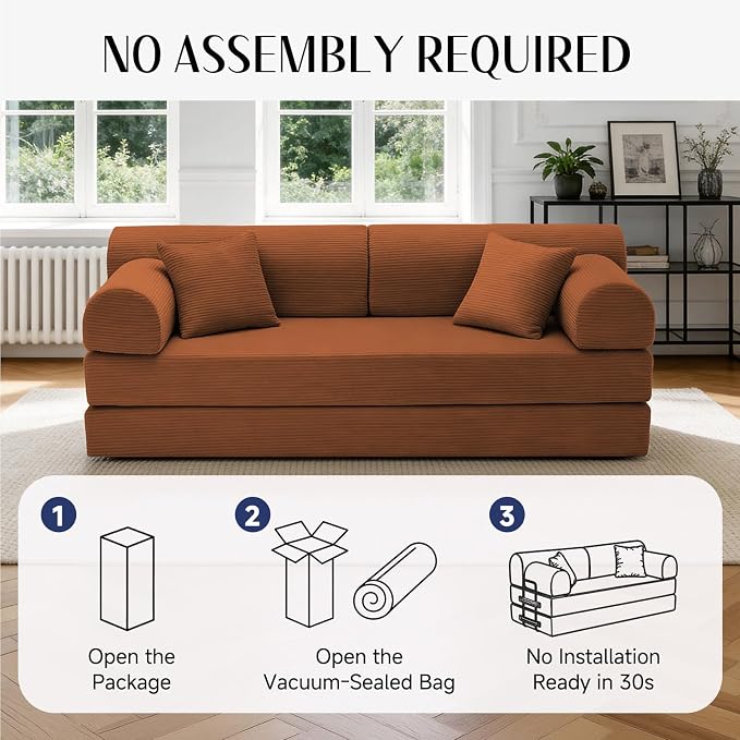 79'' Convertible Sofa Bed, 6 in 1 Folding Floor Futon Couch Sleeper with Fixed Frame, Corduroy Modular Sofa Bed with Removable Armrests & Pillows, No Assembly for Living Room Bedroom (Orange)