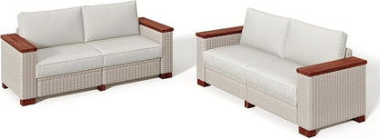 PaPaJet 4-Piece Wicker Patio Furniture Set with Solid Wood Armrest, Outdoor Patio Set with Thick Legs, UV-Resistant Modular Outdoor Sectional Sofa for Backyard, Porch, Garden