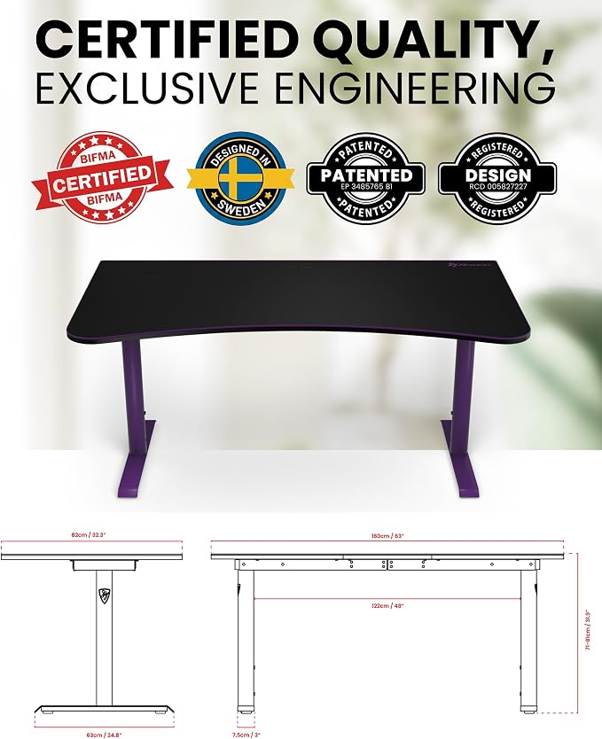 Arozzi Arena Large Gamer Desk - 63x32” Adjustable Height PC Gaming Desk with Storage for Cables & Triple-Monitor Support - Full-Surface Washable Mousepad - Purple