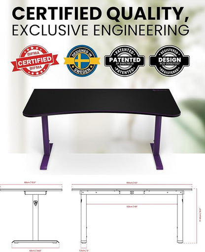 Arozzi Arena Large Gamer Desk - 63x32” Adjustable Height PC Gaming Desk with Storage for Cables & Triple-Monitor Support - Full-Surface Washable Mousepad - Purple