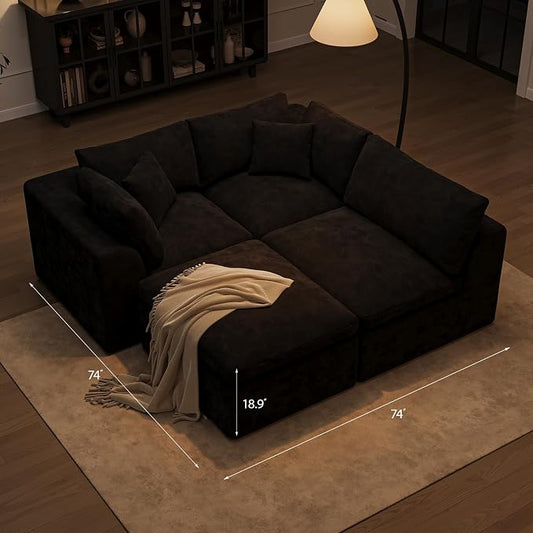 Cloud Sectional Couches for Living Room | 108 Inch L-Shaped Boneless Couch with Ottoman | Black Modular Sectionals Sofa Couch