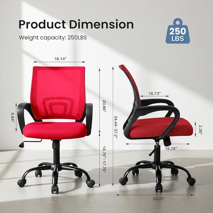 OLIXIS Office Desk Chair - Ergonomic Mid Back with Lumbar Support & Rocking Mode, Height Adjustable with Fixed Armrest, Storage Back for Computer, Gaming, Conference, Meeting Room, 360° Swivel, Red