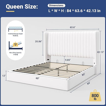 Allewie Queen Size Lift Up Storage Bed Frame, Hydraulic Support System, Upholstered Platform Bed Frame, Underneath Storage, Vertical Channel Tufted Headboard with Wingback, No Box Spring Needed, White