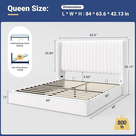 Allewie Queen Size Lift Up Storage Bed Frame, Hydraulic Support System, Upholstered Platform Bed Frame, Underneath Storage, Vertical Channel Tufted Headboard with Wingback, No Box Spring Needed, White