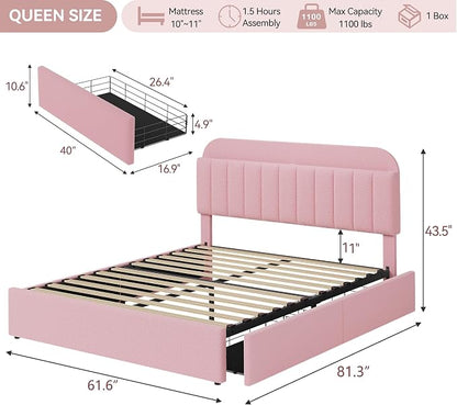 IDEALHOUSE Queen Bed Frame with 2 Flexible Drawers and Bookcase Headboard, Boucle Upholstered Platform Bed for Boys/Girls, Noise-Free, Easy Assembly, No Box Spring Needed, Pink