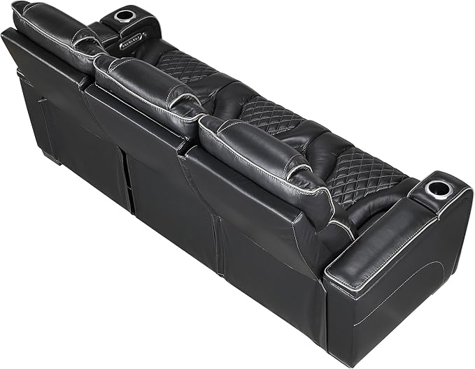 Lexicon Power Double Reclining Sofa, Center Drop-Down Table with Heat/Massage/Headrest/Storage Arms/Cup Holders/LED Lights/Wireless Charging, Top Grain Leather Match Wall Hugger Recliner Sofa, Black