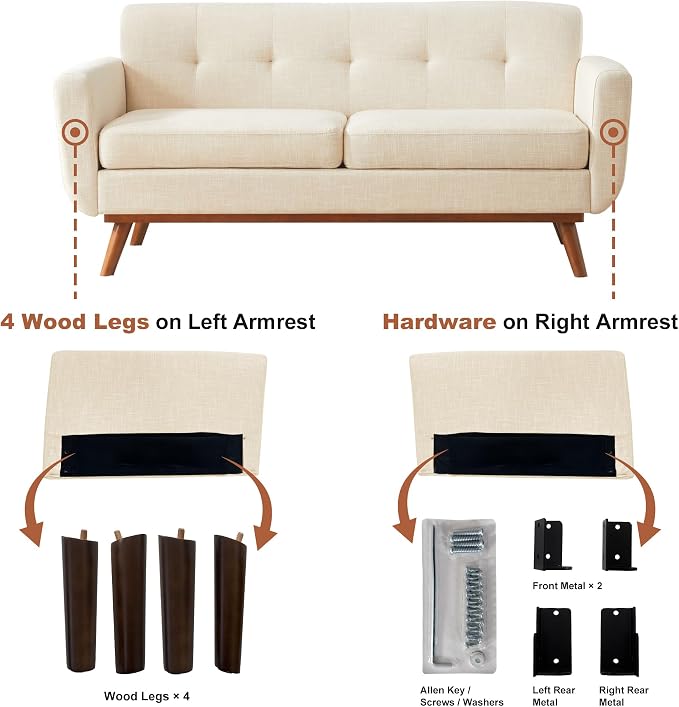 Kingfun 65.2" W Loveseat Sofa, Mid Century Modern Decor Love Seat Couches for Living Room, Button Tufted Upholstered Furniture, Easy to Install Small Couch for Bedroom Office Apartment, Cream White