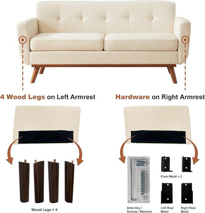 Kingfun 65.2" W Loveseat Sofa, Mid Century Modern Decor Love Seat Couches for Living Room, Button Tufted Upholstered Furniture, Easy to Install Small Couch for Bedroom Office Apartment, Cream White
