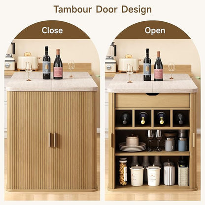 ONBRILL 61 Inch Kitchen Island with Storage, Fluted Counter Height Table, Mid-Century Modern Kitchen Island Table with Sliding Door, Home Bar Tables with Wine Rack and Drawers (Travertine Color)