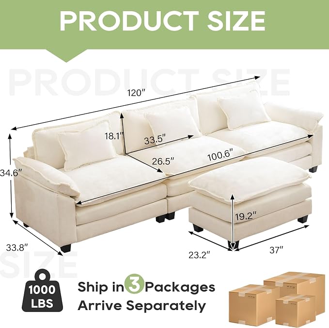 Oprisen 120" Modular Sectional Sofa, Comfy Cloud Couch Sectional Sofa with Ottoman, Chenille Sofa Sleeper Deep Seat Sofa with Throw Pillows for Living Room (Beige White, 120"- L Shape)