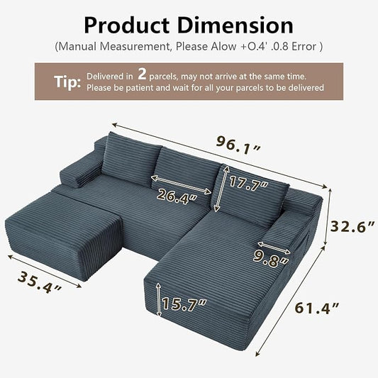 96" Cloud Sectional Couch U-Shaped Chaise with Ottoman, Corduroy Boneless Couch for Living Room Bedroom, Deep-Seat Upholstered Modular Cloud Sofa, No Assembly Required (Grey, Right Facing Chaise)
