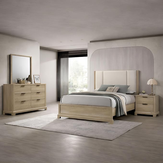 Kings Brand Furniture Linden 4-Piece Bedroom Set, King Size Bed Frame with Upholstered Headboard, Dresser with Mirror and 2-Drawer Nightstand, Oak Finish