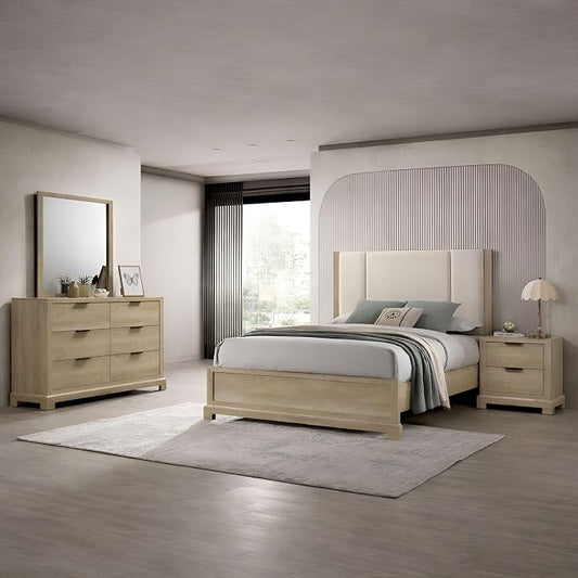 Kings Brand Furniture Linden 4-Piece Bedroom Set, King Size Bed Frame with Upholstered Headboard, Dresser with Mirror and 2-Drawer Nightstand, Oak Finish
