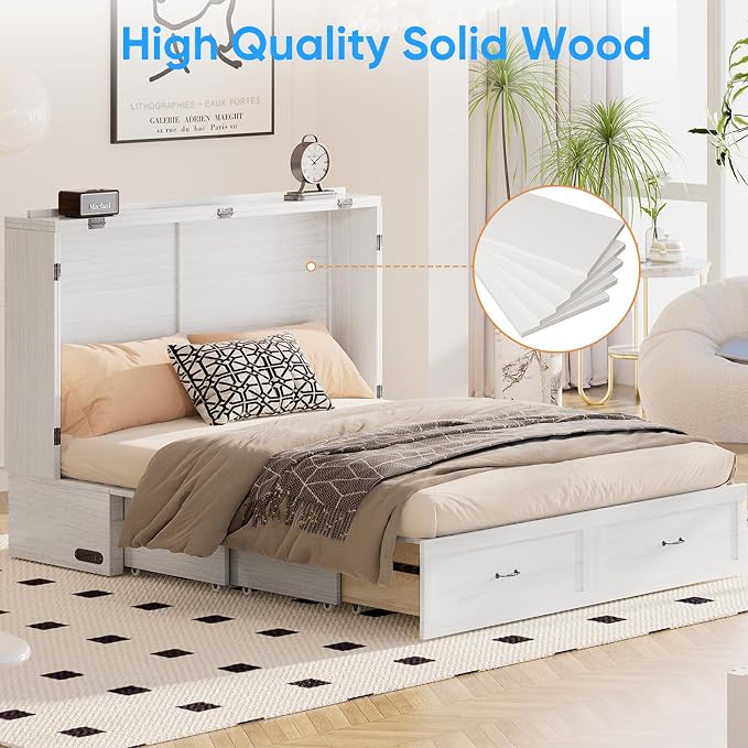 PUREMIND Queen Murphy Bed Cabinet with Mattress Included, Bedroom Cabinet Beds with USB Charging Station, Murphy Chest Bed with Storage Drawers, Horizontal Wallbed for Guest Room White