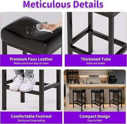 Bar Stools Set of 2, 30 Inch Backless Counter Height Bar Stools with Soft Faux Leather Seat, 300 LB Heavy Duty Padded Saddle Barstool Chair for Modern Kitchen Island Counter (Black)