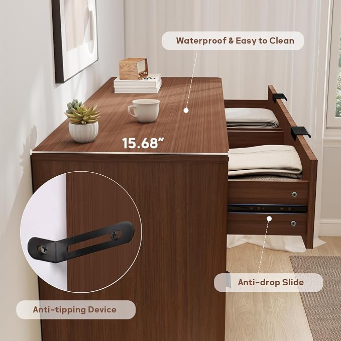 SUNWAVE 6 Drawer Dresser for Bedroom, 49.6" Wide Modern Fluted Dresser with Round Corner, Wood Chest of Drawers for Living Room (Walnut)