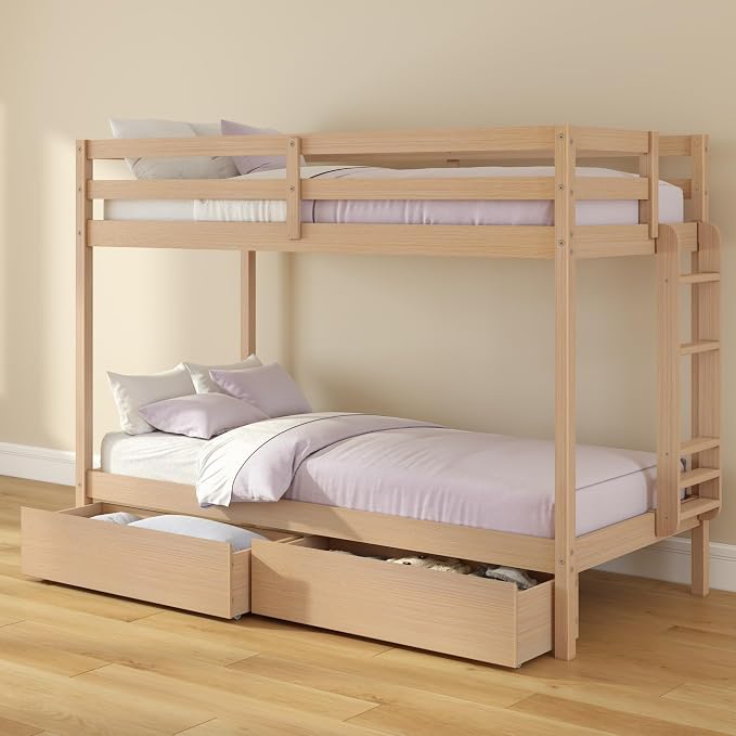 Grain & Grove Bear Twin Over Twin Bunk Bed with Storage Drawers, Sturdy Bunk Bed Frame for Kids, Plywood Bunk with Ladder, Guardrail, and Slats, No Box Spring Required, Oak Embossed Natural