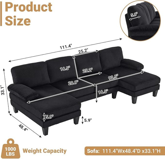 VINGLI 110" Sectional Couches for Living Room,U Shaped Couch with Double Chaise, 4-Seat Sofa Set with Corduroy Fabric for Home Furniture,Black