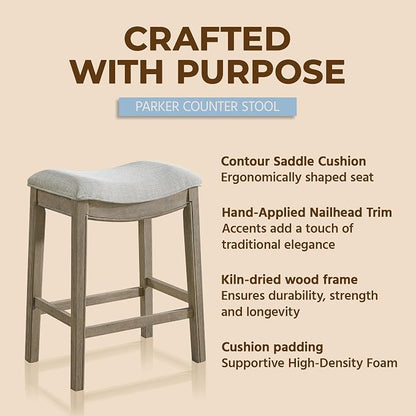 ROME + OAK Set of 3 Parker 26 Inch Counter Stool, Backless Saddle Kitchen Barstool in Reclaimed Oak Finish with Grey Fabric Upholstery Cushion Seat