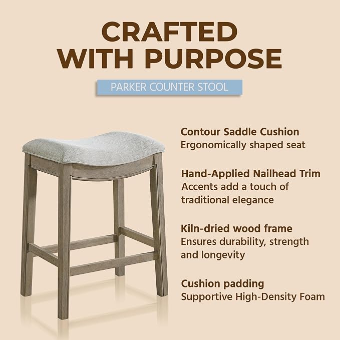 ROME + OAK Set of 4 Parker 26 Inch Counter Stool, Backless Saddle Kitchen Barstool in Reclaimed Oak Finish with Grey Fabric Upholstery Cushion Seat