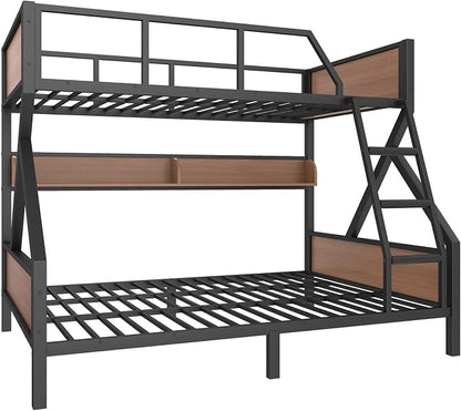KEIKI Full Over Queen Bunk Bed, Heavy Duty Metal Bunkbed with Storage Shelves, Lights, Bottom Space & Guardrail for Aldults Dorm Bedroom Guest Room, No Box Spring Needed, Noise-Free Design