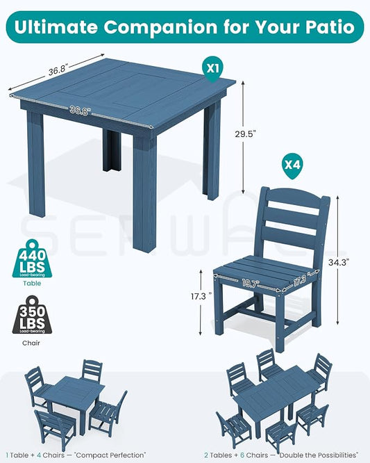 SERWALL HDPE Outdoor Square Dining Set for 4 | with Armless Chair Seat